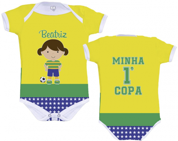 Kit Família Copa do Mundo Shorts Tactel Casal e Body Bebê Brasil