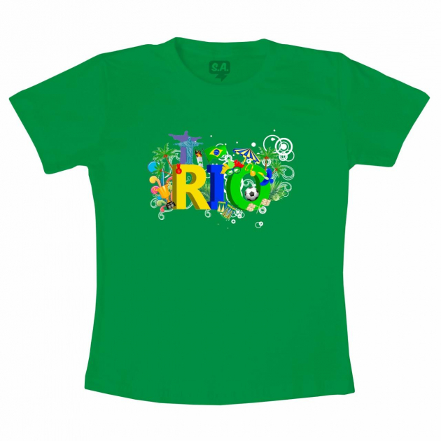 Camiseta Infantil 100% Algodão Verde Estampa Rio De Janeiro 