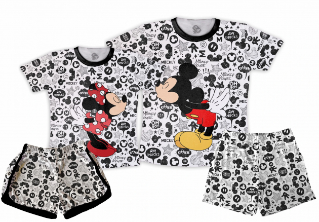 Kit Pijamas Casal  Verão Estampado Mickey e Minnie 