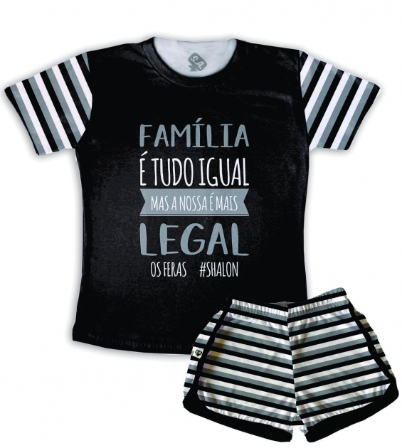 Pijama Feminino  Adulto Curto De Malha Tema Família Listrinhas 