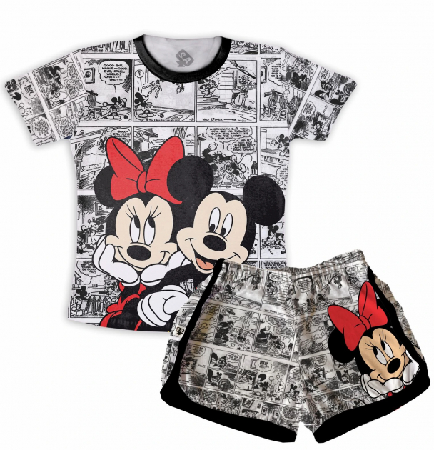 Pijama Feminino Infantil Malha Tema Mickey e Minnie 